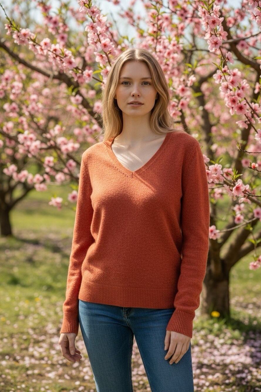 LL Bean Women's M Heathered Red V-Neck Ribbed100% Cashemere Sweater